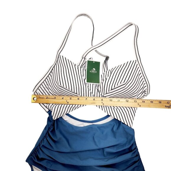 Striped Twist-Front High-Waist One-Piece Swimsuit Blue & White S Eomenie - Picture 8 of 9